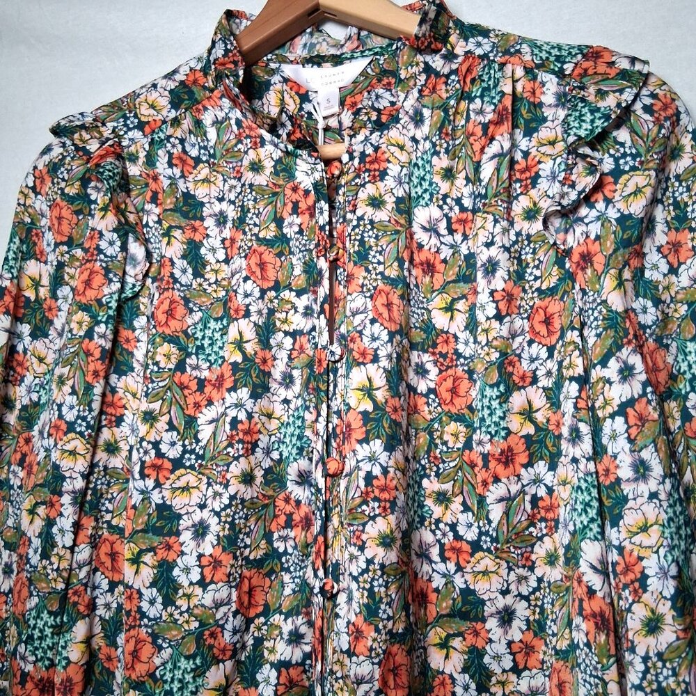 Lauren Conrad Blouse Small Green Peach Floral Button Front Ruffle Country Flower - Picture 2 of 16